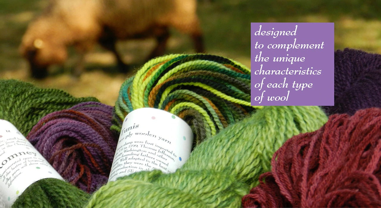  close up of a variety of Solitude Wool yarns in foreground and soft focus sheep grazing in near background. Copy box says: designed to complement the unique characteristics of each type of wool